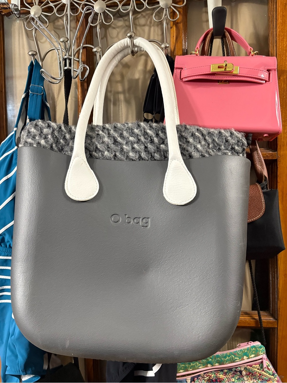 O bag Large Gray Tote with White Handles